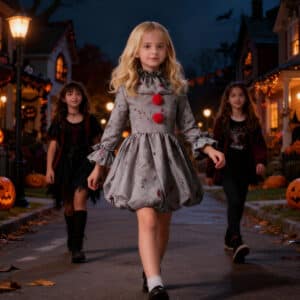 Une jeune fille blonde aux cheveux détachés marchant dans une rue décorée pour Halloween, durant la nuit, portant un déguisement clown Ça Halloween pour fille constitué d'une robe bouffante grise et de pompoms rouges au niveau du buste.