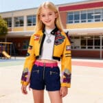 Une jeune fille blonde portant un déguisement K-Pop Demon Hunters cosplay de Rumi dans la cour de récréation d'un école.