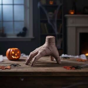 Photo de mise en situation de la main "La Chose" dans la Famille Addams sur une table décorée pour Halloween