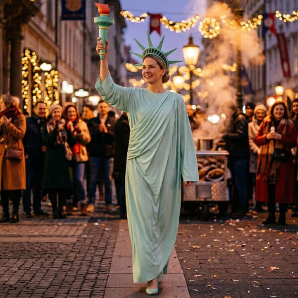 Une femme souriante portant un déguisement de la statue de la liberté pour adulte, composé d'une longue robe turquoise, d'une couronne à pointes et d'une torche, déambulant dans une rue festive éclairée par des guirlandes lumineuses devant une foule.
