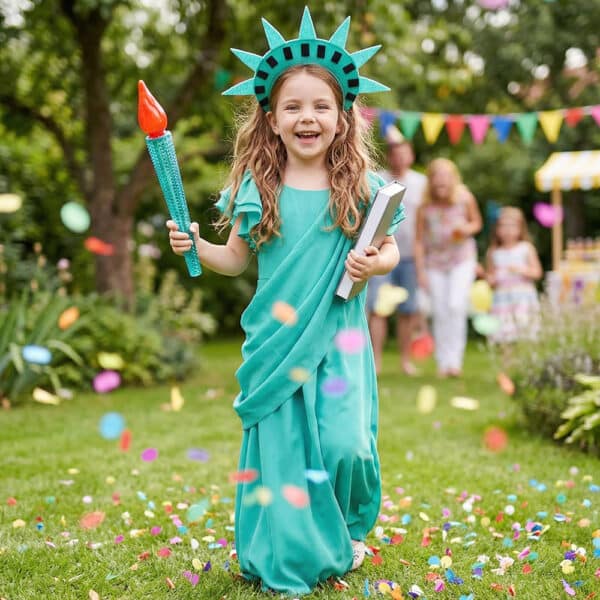 Une petite fille joyeuse portant un déguisement de la statue de la liberté pour enfant composé d'une robe turquoise, d'une couronne à pointes et d'une torche, s'amusant dans un jardin verdoyant rempli de confettis colorés et de guirlandes festives.
