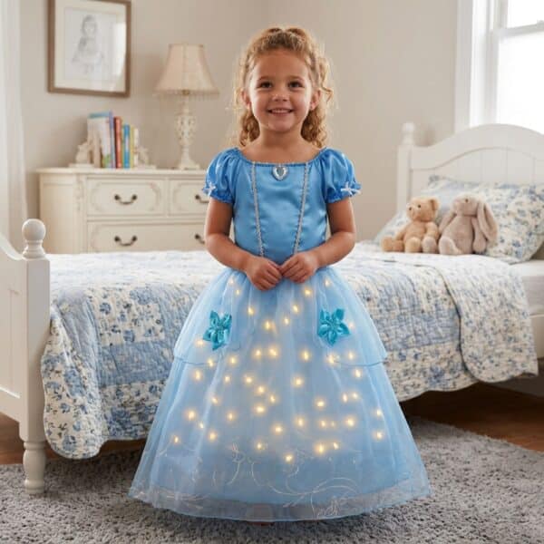 Petite fille dans sa chambre portant la robe de princesse LED de Cendrillon
