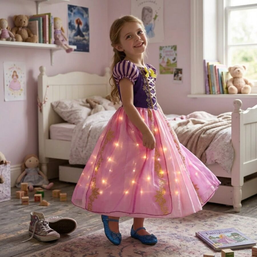 Petite fille dans sa chambre portant une robe de princesse LED à l'image de Raiponce