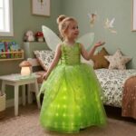 Petite fille portant une robe de princesse LED de la Fée Clochette, dans sa chambre