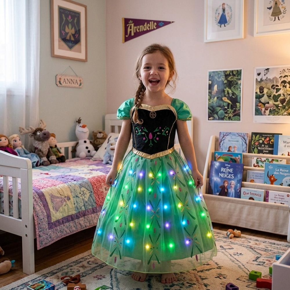 Petite fille dans sa chambre portant une robe de princesse LED verte à l'image d'Anna dans la Reine des Neiges