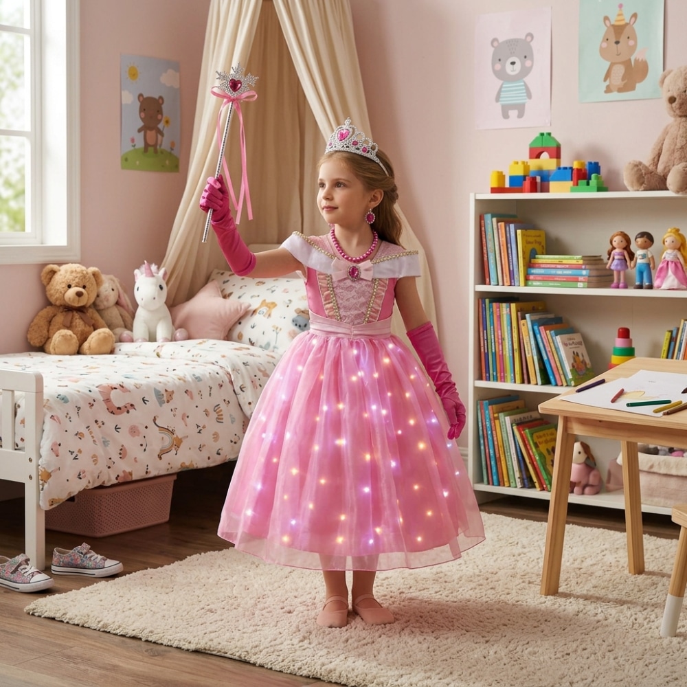 Petite fille portant une robe de princesse LED de la Belle au Bois Dormant, dans sa chambre