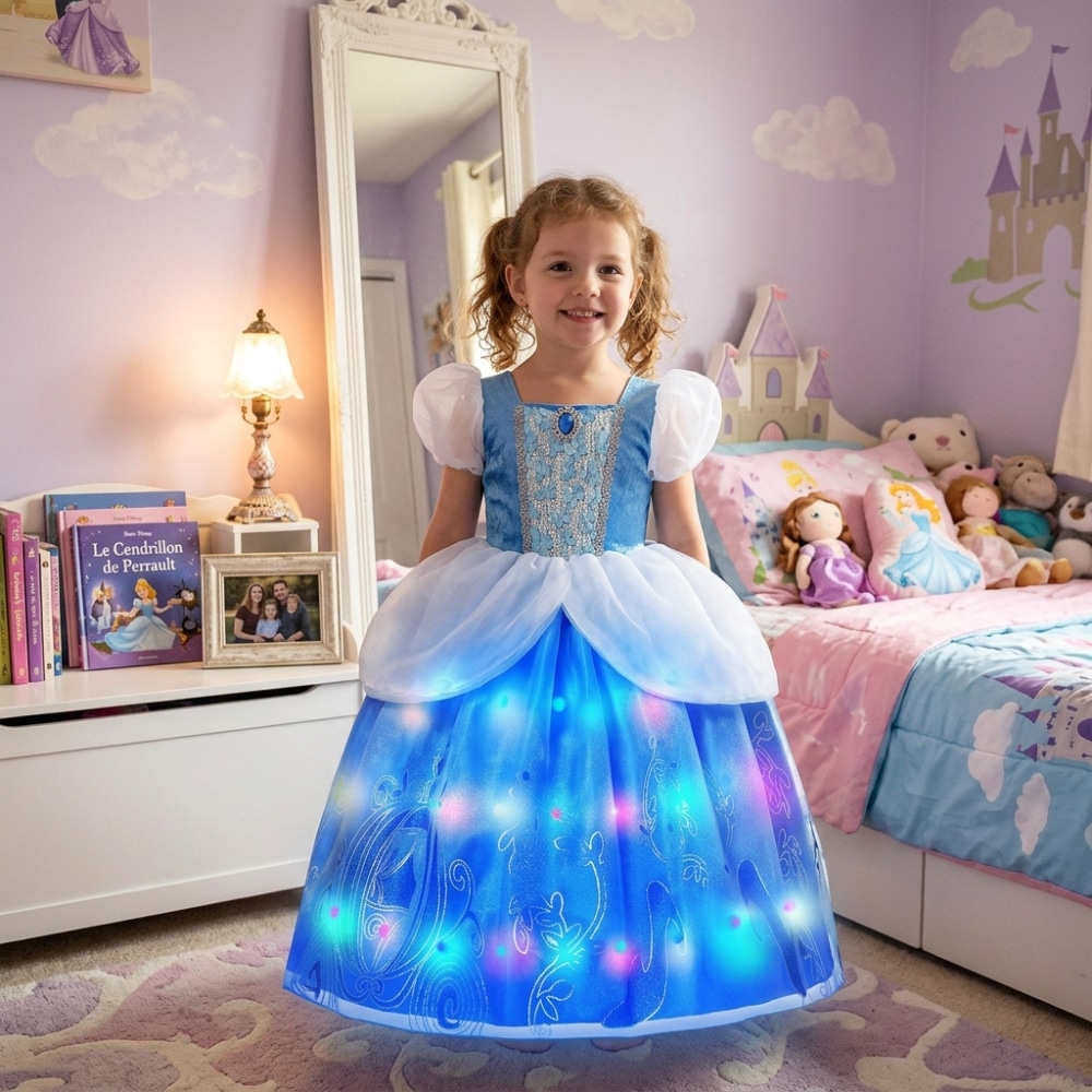 Petite fille dans sa chambre portant une robe de princesse LED bleue inspirée de Cendrillon