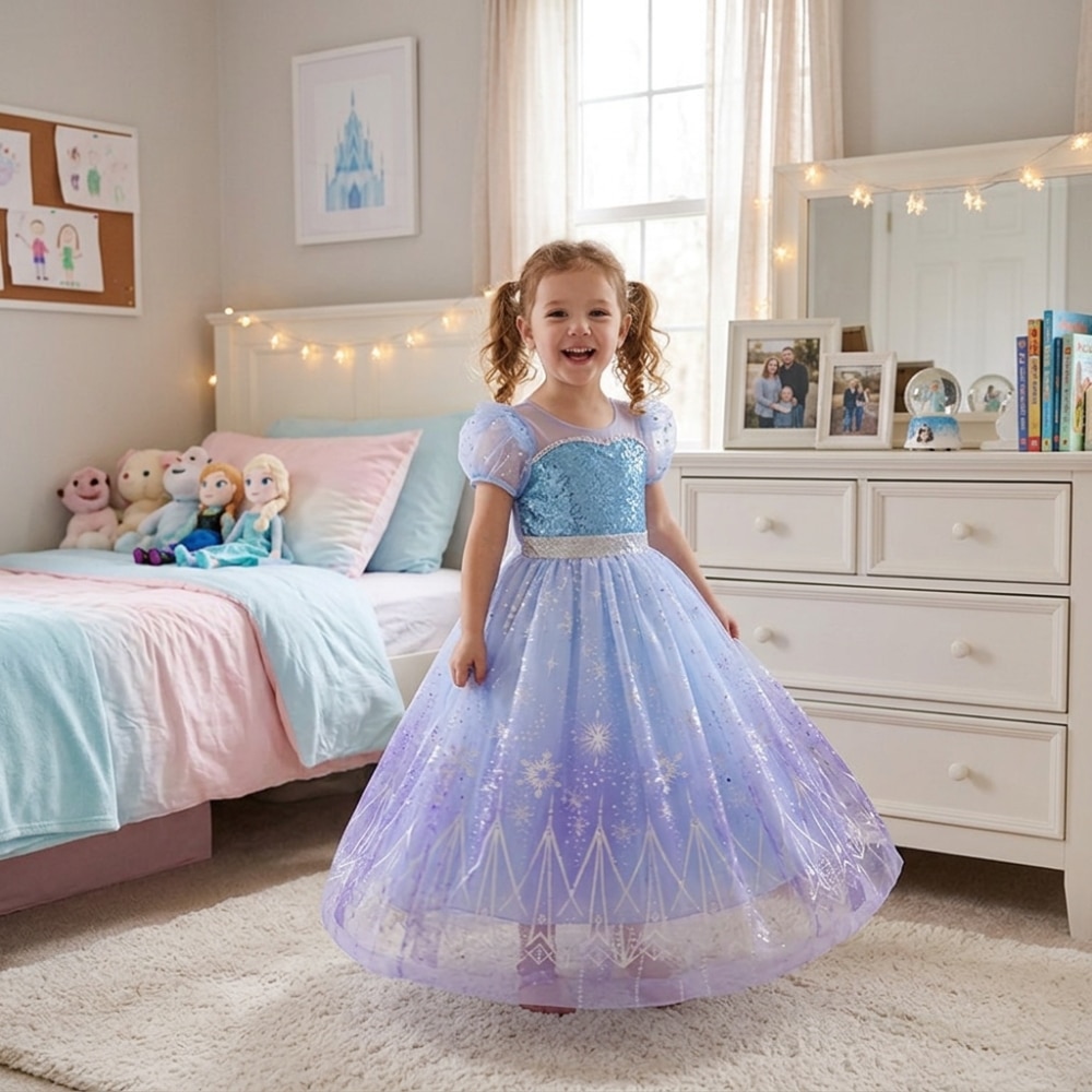 Petite fille dans sa chambre portant la robe de princesse LED d'Elsa dans Frozen 2