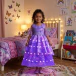 Petite fille dans sa chambre portant une robe de princesse LED violette inspirée d'Isabela dans Encanto