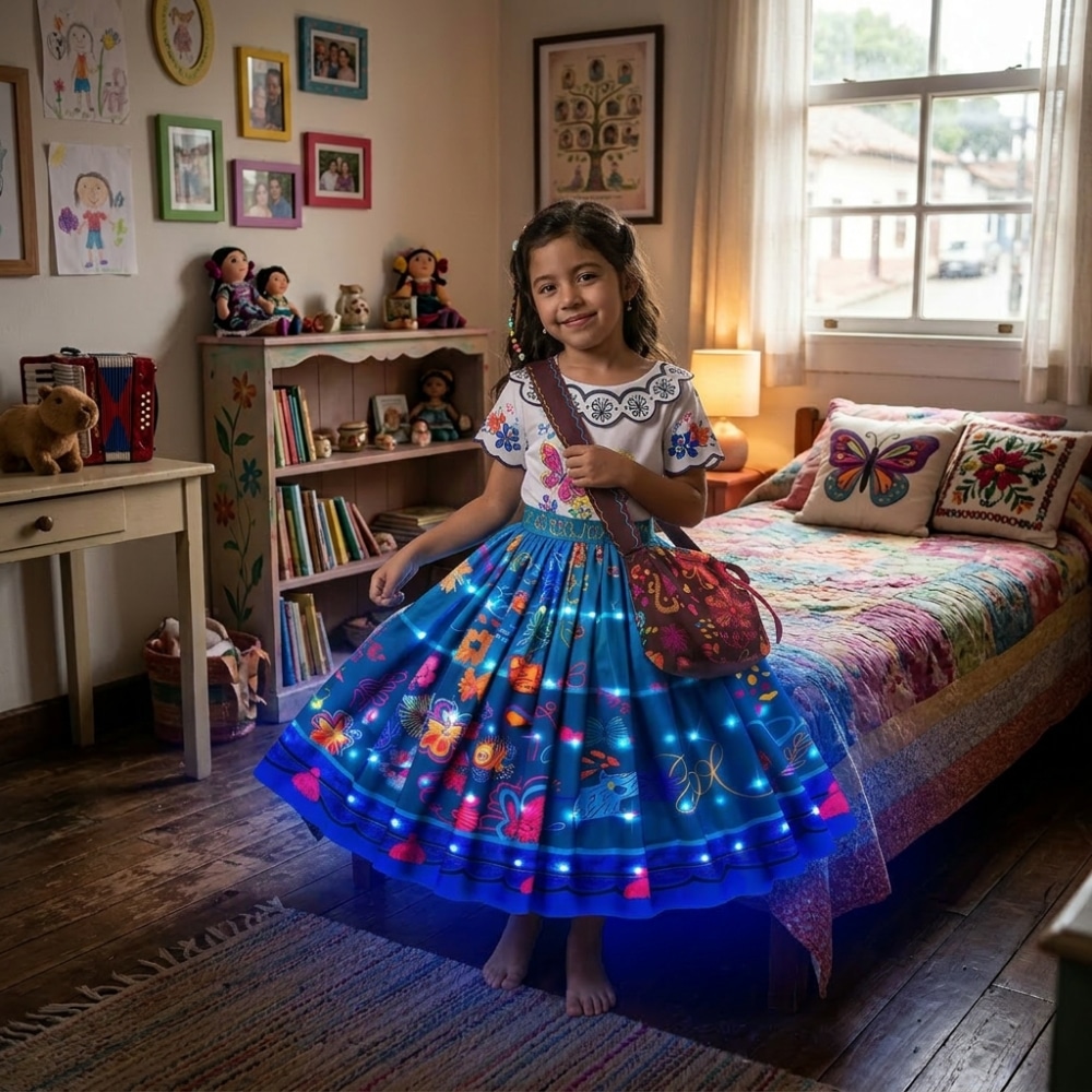 Petite fille dans sa chambre portant une robe de princesse LED inspirée de Mirabel dans Encanto