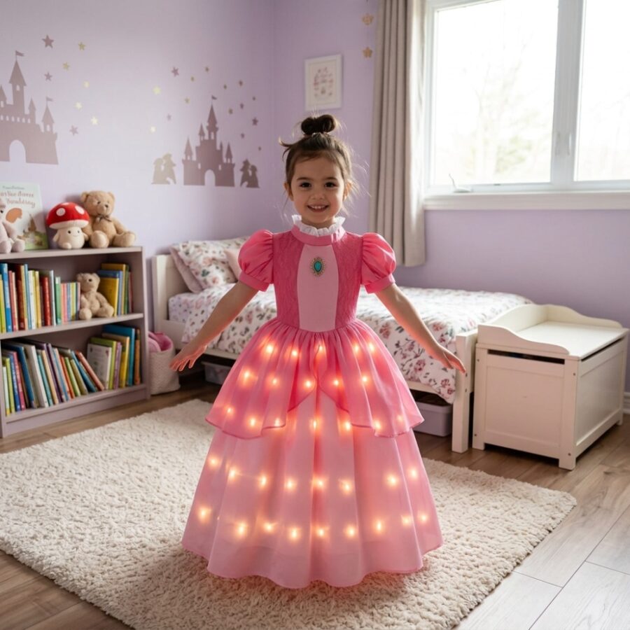 Petite fille dans sa chambre portant une robe de princesse LED inspirée de Peach dans Mario