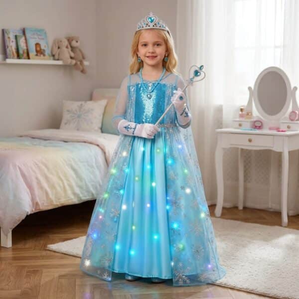 Petite fille dans sa chambre portant le déguisement d'Elsa dans la Reine des Neiges, avec une robe de princesse LED