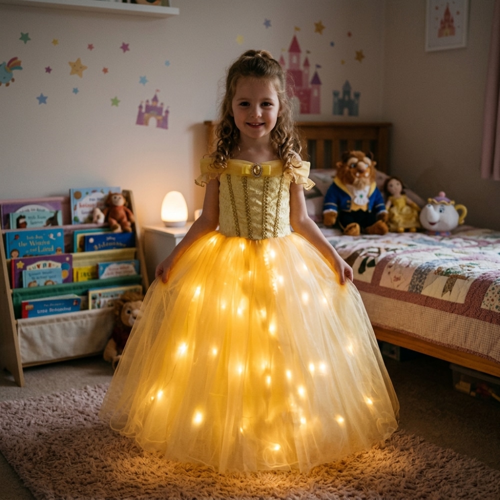 Petite fille dans sa chambre portant une robe de princesse LED dans la Belle et la Bête