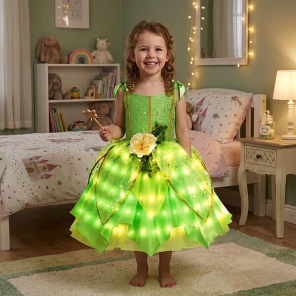 Petite fille dans sa chambre portant une robe de princesse LED inspirée de la Princesse et la Grenouille