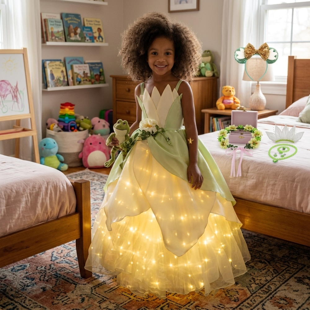 Petite fille dans sa chambre portant une robe de princesse LED inspirée de Tiana dans la Princesse et la Grenouille