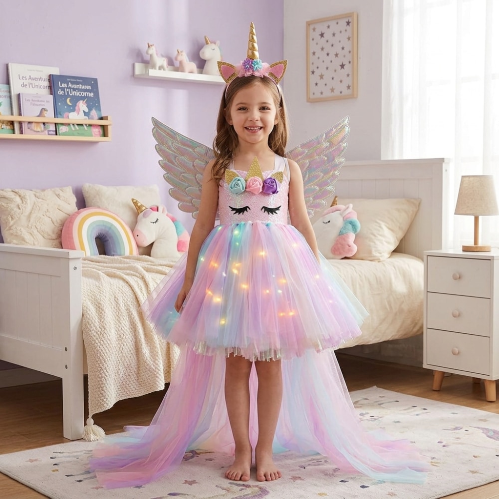 Petite fille portant une robe de princesse LED de licorne avec une jupe de tulle multicolore et des ailes, dans sa chambre