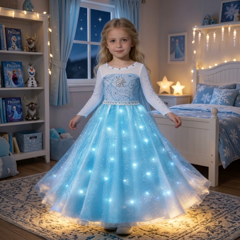 Petite fille dans sa chambre portant une robe de princesse LED inspirée de la Reine des Neiges